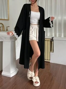 DAZY V-Neck Waist Tied Embroidered Decoration Loose Long Sleeve Robe Pajama - Black - View 6
