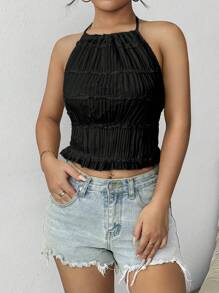Breezaya Top sin espalda sólido con cuello halter - Negro - Ver 3