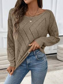 SHEIN LUNE 女士休闲镂空舒适纯色圆领长袖毛衣 - 咖啡棕 - 查看 3