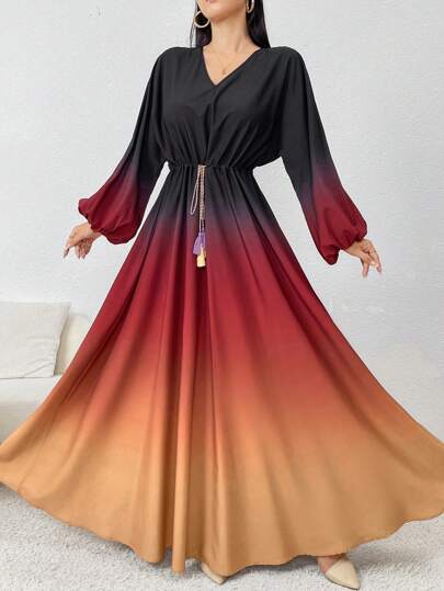 Modelyn 女士 V 领渐变色裹身优雅长袖连衣裙