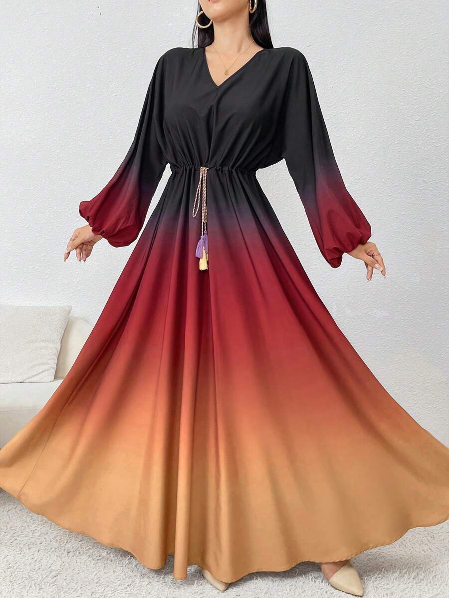 Modelyn 女士 V 领渐变色裹身优雅长袖连衣裙 - 紅色和黑色 - 查看 1