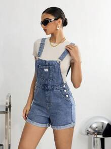 SHEIN ICON Women's Casual Letter Patched Pockets Denim Bib Shorts (T-Shirt Not Included) - Dark Wash - View 6