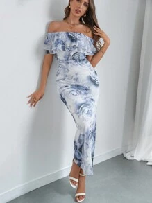 SHEIN Privé 女式碎花 A 字形连衣裙，带荷叶边，飘逸迷人休闲沙滩裙 - 藍色 - 查看 1