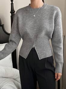 DAZY 女式半拉链套头毛衣，长袖上衣秋季 - 淺灰色 - 查看 6