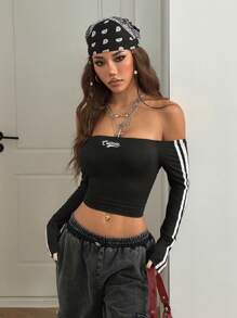 Coolane Women's Fall/Winter Essentials Knit Banded Texture Decoration Off The Shoulder T-Shirt - Black - View 4