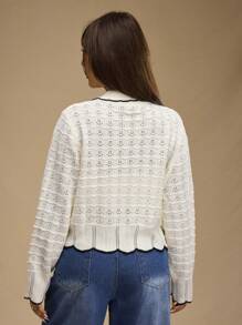 Forever 21 Áo len cardigan dệt kim dài tay khoét lỗ viền tương phản màu be cỡ lớn thời trang dành cho nữ, mùa thu/đông - Màu be - Xem 2