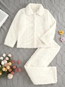 2pcs/Set Tween Girl Simple & Fashionable Plush White Solid Color Long Pants & Cardigan Homewear Set, Autumn/Winter - White - View 6