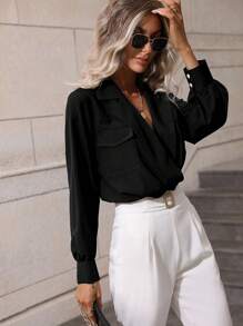 SHEIN LUNE Women's Solid Color Long Sleeve Bodysuit With Pockets, For Fall - Black - View 4