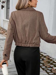 Chiquease Áo khoác mỏng cổ ngắn không cổ túi giả đơn giản phong cách retro - Cà phê nâu - Xem 2