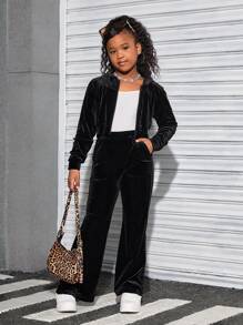 SHEIN Tween Girls' Velvet Hooded Cardigan & Pants Sporty Casual Set