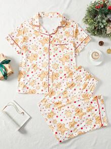Bộ đồ ngủ tay ngắn in hình bánh quy Giáng sinh cỡ lớn và quần dài, bộ đồ ngủ bánh gừng phong cách thường ngày - Nhiều màu - Xem 1