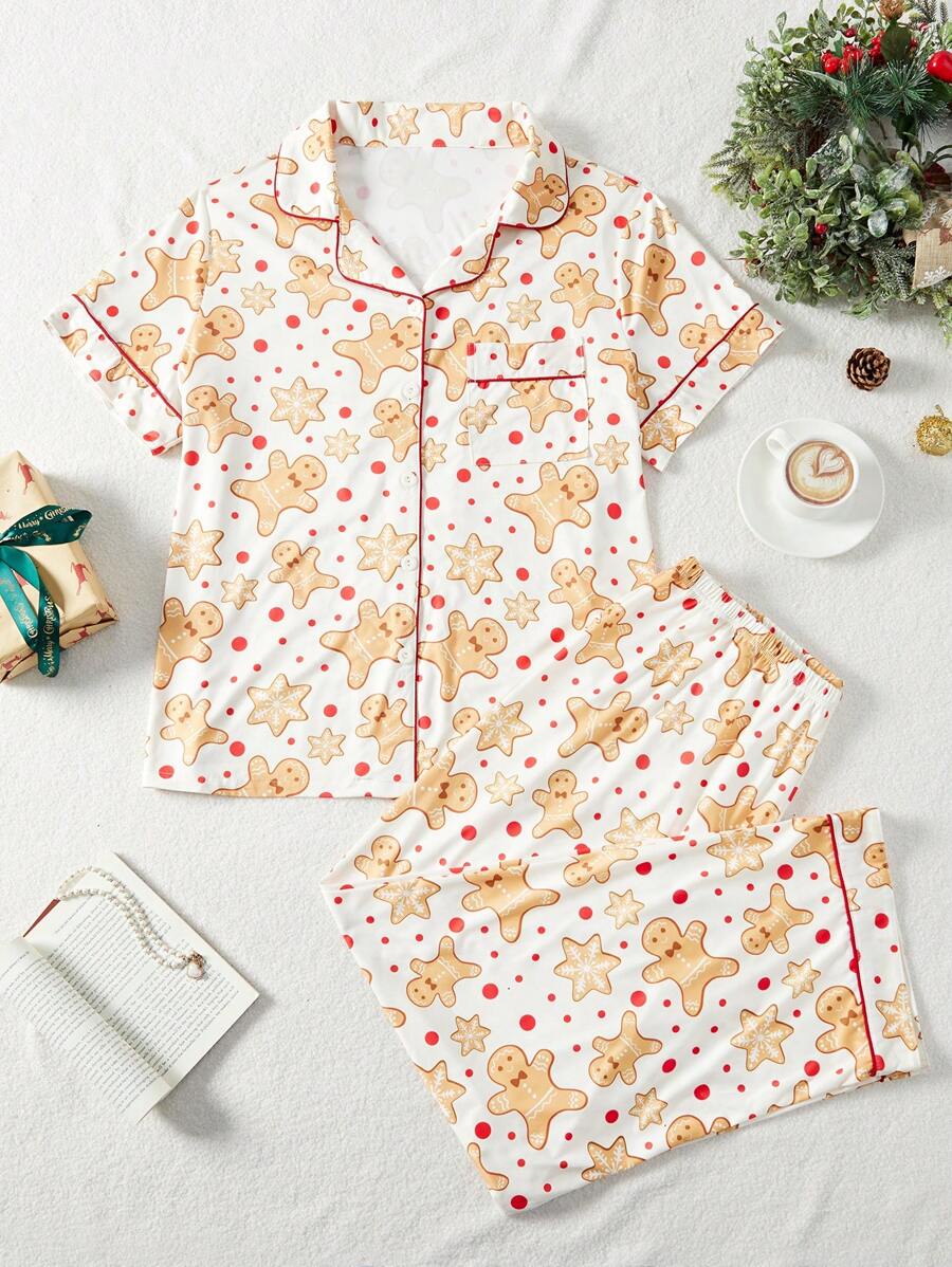 Bộ đồ ngủ tay ngắn in hình bánh quy Giáng sinh cỡ lớn và quần dài, bộ đồ ngủ bánh gừng phong cách thường ngày - Nhiều màu - Xem 1