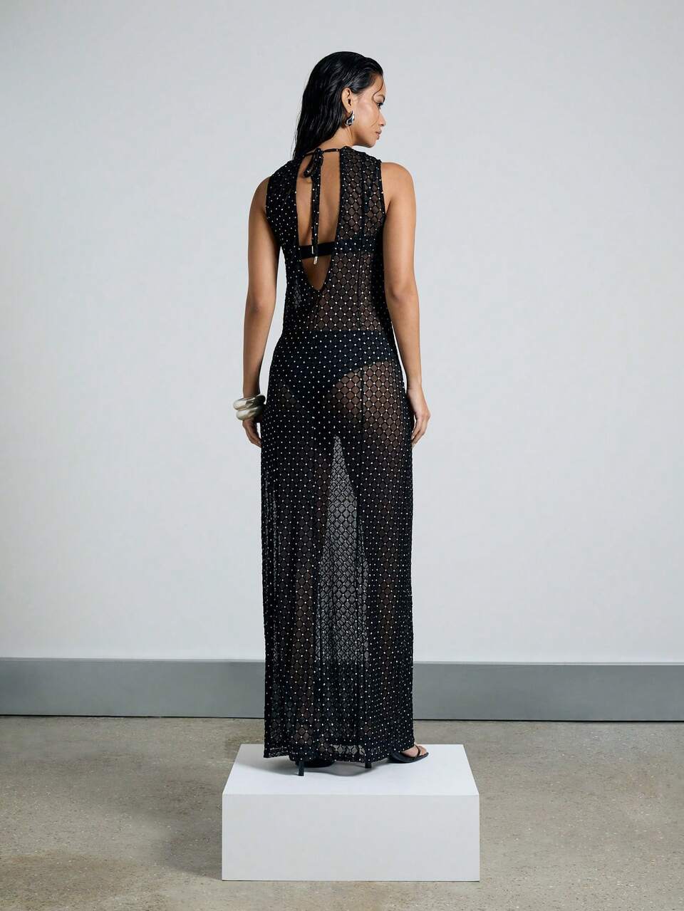 AiiRZ Sheer Crystal Embellished Fitted Maxi Dress With Inner Bra And Knicker Three-Piece Set