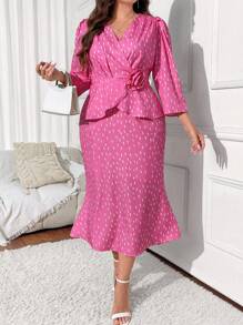 SHEIN Unity 2pcs Plus Size Elegant 3D Floral Top And Skirt Set - Coral Pink - View 1