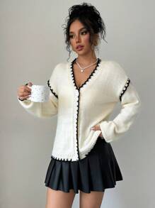 SHEIN Unity Cárdigan suelto de punto de mujer con cuello en V, mangas largas caídas y un solo botonadura para otoño/invierno - Albaricoque - Ver 5