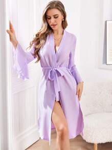 Women's Elegant Minimalist Solid Bell Sleeve Robe, Autumn - Purple - View 1