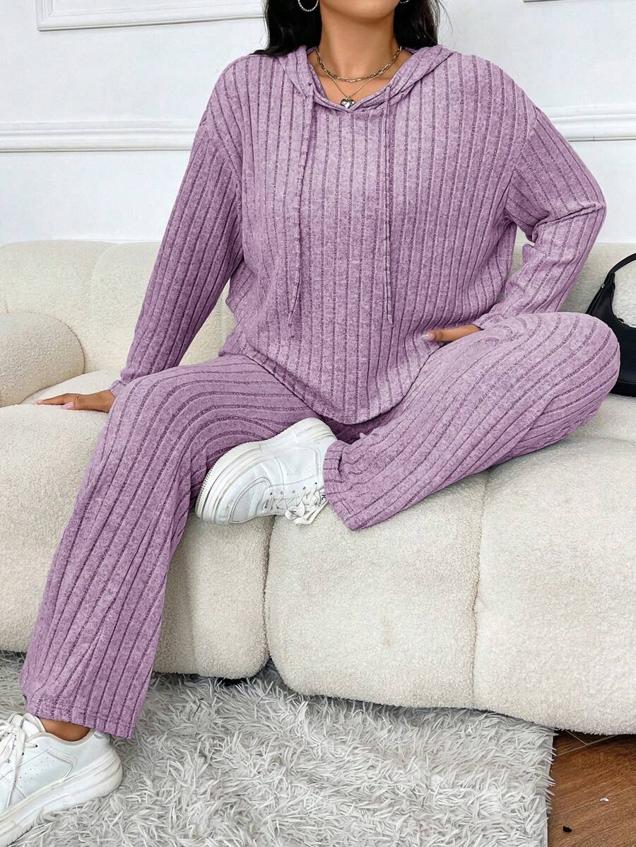 SHEIN EZwear 2 件/套大码女式休闲连帽运动衫和喇叭裤 - 紫丁香色 - 查看 1