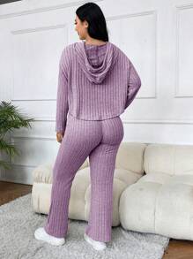 SHEIN EZwear 2 件/套大码女式休闲连帽运动衫和喇叭裤 - 紫丁香色 - 查看 2