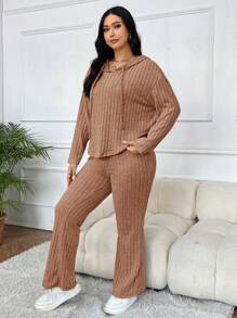 SHEIN EZwear Bộ 2 món đồ len trùm đầu thường ngày cỡ lớn - Lạc đà - Xem 3