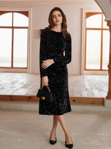 Aveloria Modichic Black Long Sleeve Velvet Sequin Midi Dress, Fashion Party Style Holiday Party Birthday Formal Occassion Dress 