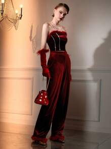 The Great Gatsby x MOTF VELVET SOLID ZIPPER FLY SLANT POCKET FLUFFY HEM BAGGY SUIT PANTS