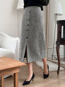 DAZY Women Front Button Decorated Slit A-Line Skirt, Casual Everyday Wear Fall,Winter - Grey - View 4