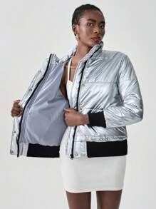 Chiquease 女士休闲金属拉链前立领加厚棉服外套，冬季服装 - 銀色 - 查看 5