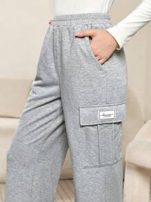Mulvari 女士休闲字母印花工装口袋直筒宽松裤 - 灰色 - 查看 7