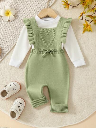 SHEIN 女婴可爱心形印花撞色荷叶边长袖连体衣