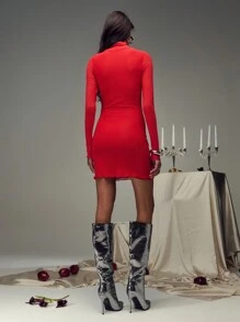 SHEIN Unity Double Layered Mesh High Neck Rhinestone Detail Long Sleeve Mini Dress Fall Cloth For Women - Red - View 2