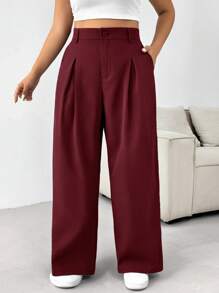 SHEIN EZwear Pantalones rectos de pierna recta y plisados de color liso para uso diario, talla grande, otoño - Burdeos - Ver 3