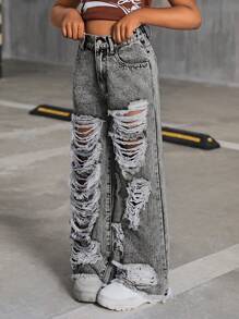 SHEIN Tween Girl Y2K Fashion Vintage Stonewashed Ripped Raw Hem Baggy Wide Leg Jeans, Girls Summer Clothes Back To School Streetwear Outfits
