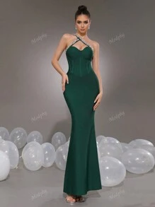Modphy Vestido asimétrico sexy de cuello verde con brillos, vestido largo formal de mujer para noche, boda, fiesta y vestido de invitada de boda