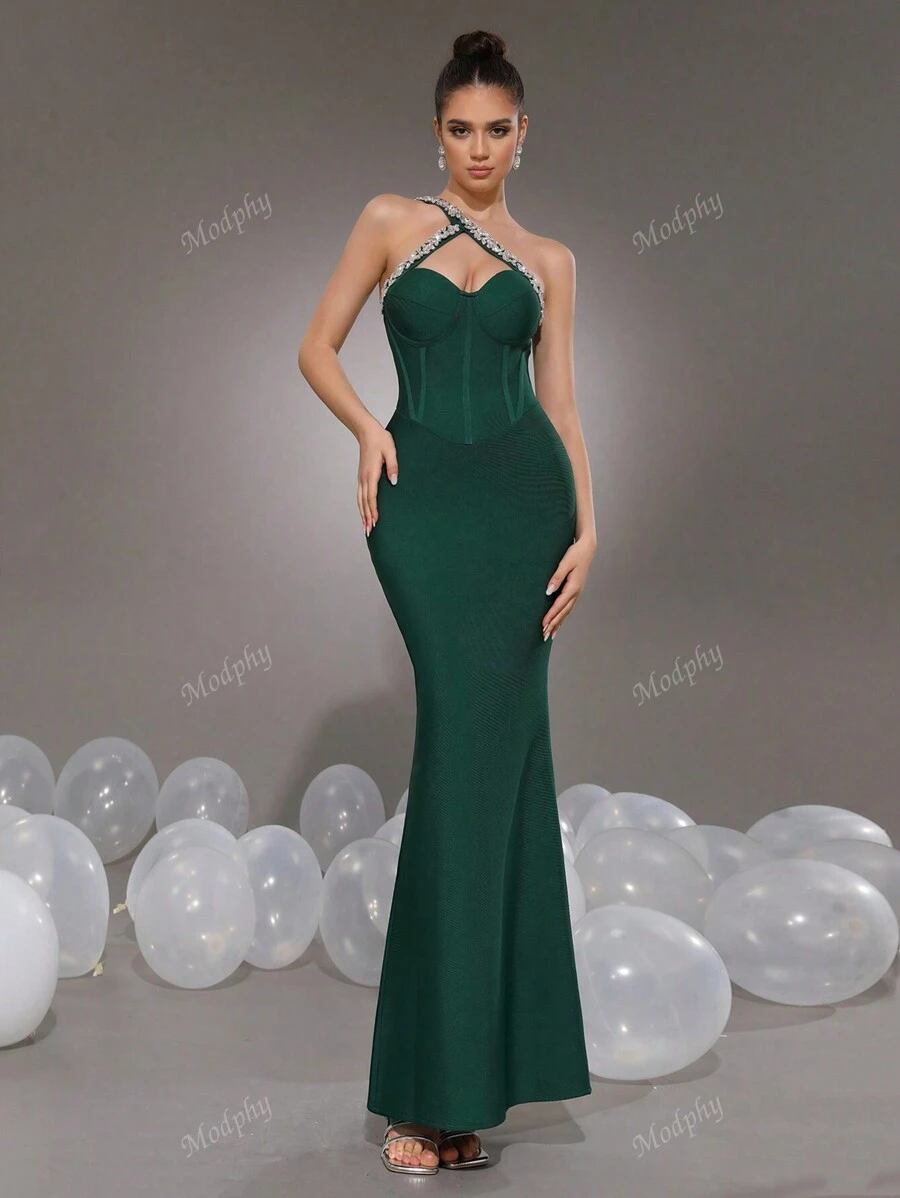 Modphy Vestido asimétrico sexy de cuello verde con brillos, vestido largo formal de mujer para noche, boda, fiesta y vestido de invitada de boda