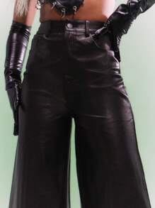 SUMWON WOMEN PU高腰阔腿裤 - 黑色 - 查看 3