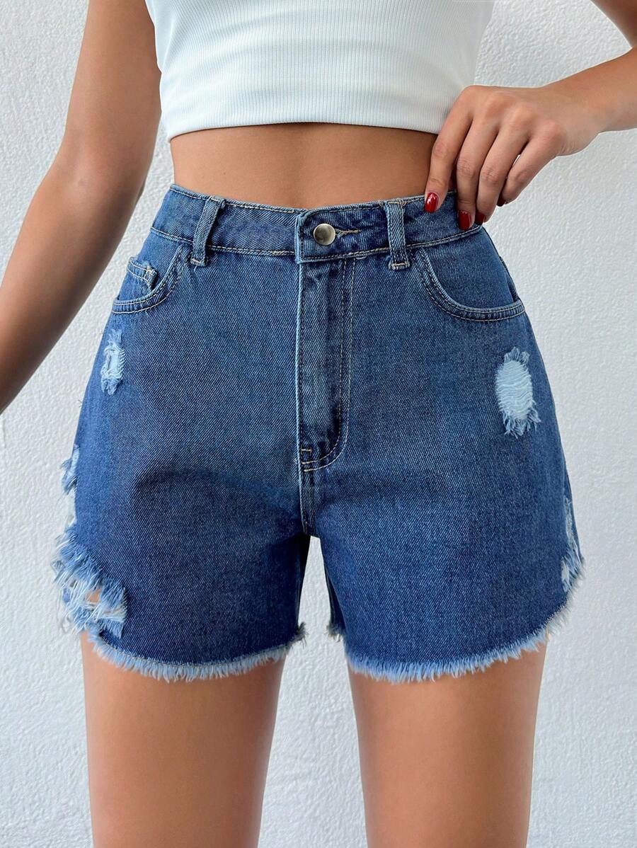 女式中腰直筒做旧磨边水洗牛仔短裤 - 藍色 - 查看 1