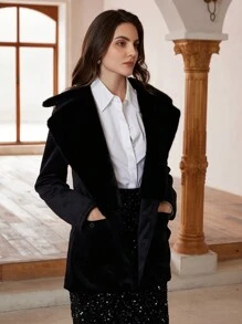 SHEIN Privé 天鹅绒翻领系腰修身休闲夹克 - 黑色 - 查看 5