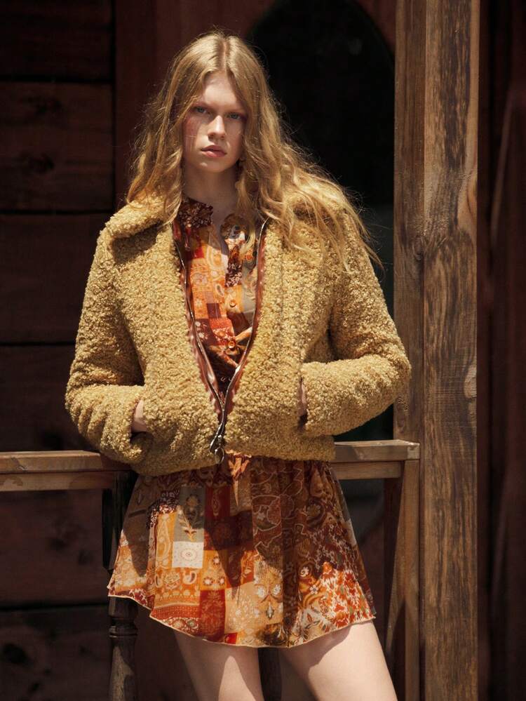 SHEIN Maija Women's Khaki Warm Solid Color Fleece Zip Up Pocket Jacket, Winter Long Sleeve