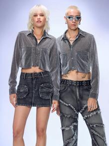 Mainfolk Men's Plain Loose Knitted Turn-Down Collar Metallic Thread Short Casual Shirt, Y2k Metallic Long Sleeve Button Shirt, For Going Out, Couple Matching - Silver - View 1