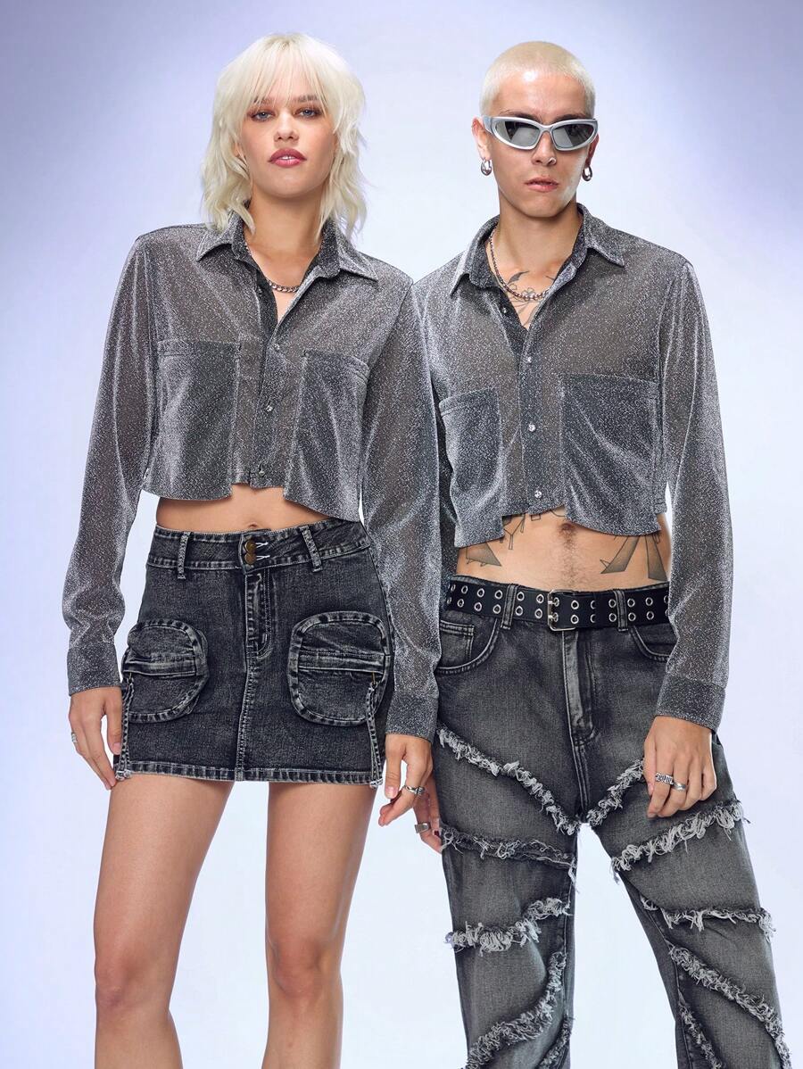 Mainfolk Men's Plain Loose Knitted Turn-Down Collar Metallic Thread Short Casual Shirt, Y2k Metallic Long Sleeve Button Shirt, For Going Out, Couple Matching - Silver - View 1