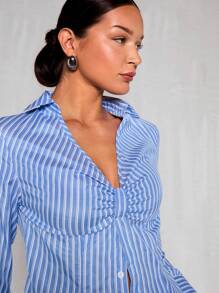 Glamine Striped Blouse With Pleated Detail, Office Siren Urban Style Long Sleeve Casual Shirt For Women Fall Cloth For Women - Multicolor - View 7