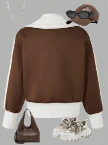 SHEIN Blouson à fermeture éclair avec imprimé lettres de couleur contrastée pour jeune fille adolescente - Taupe - Voir 2