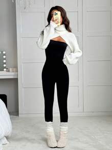 SHEIN EZwear Suéter corto de cuello alto liso, informal, de manga larga para otoño e invierno - Blanco - Ver 4