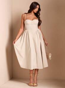 SHEIN BAE Elegant Women Spaghetti Strap Long Puffy Dress, Fall Party & Club Wear,Summer Dresses For Women,Tea Party Dress,Valentine's Day,Valentine Outfits For Women - Apricot - View 4