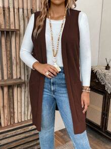 SHEIN LUNE Plus Size Solid Color Sleeveless Cardigan With Pockets - Coffee Brown - View 4