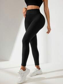 Women's High Waisted Solid Color Seamless Yoga/Exercise Leggings - Black - View 3