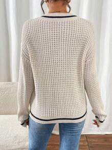 SHEIN Frenchy Suéter holgado de manga larga con cuello en V a rayas para mujer, para el otoño - Albaricoque - Ver 2