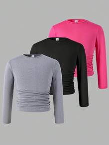 SHEIN Bộ 3 áo thun dài tay cho bé gái tuổi mới lớn - Nhiều màu - Xem 1