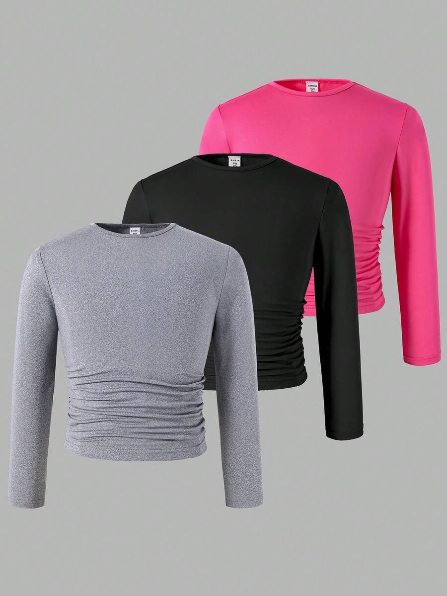 SHEIN Bộ 3 áo thun dài tay cho bé gái tuổi mới lớn - Nhiều màu - Xem 1