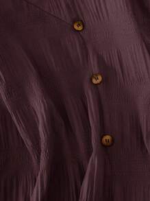 SHEIN LUNE 大码纯色 V 领荷叶边休闲衬衫 - 棕色 - 查看 4